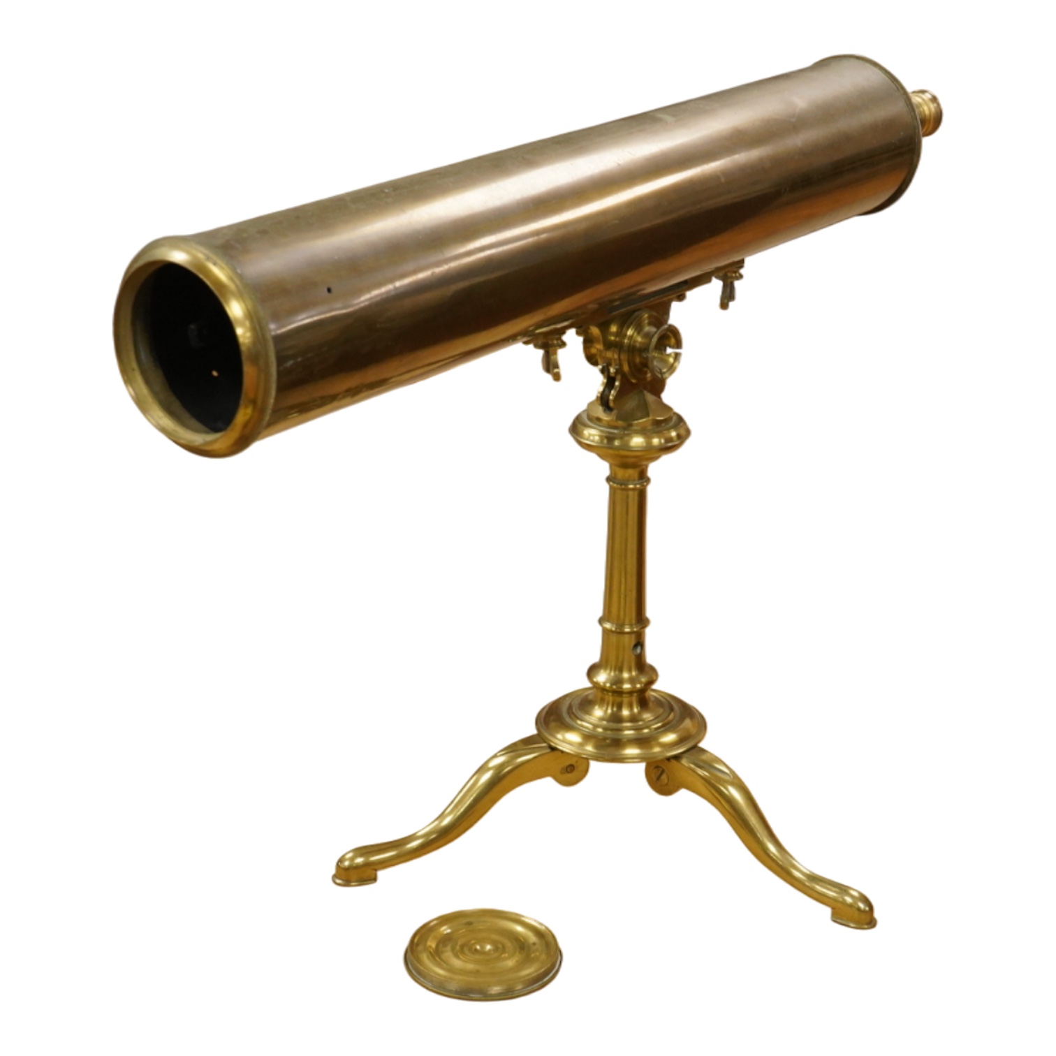 A mid 18th century brass compound monocular 4 inch diameter Gregorian reflector telescope, length 25inch, [parts of focusing mechanism modern, mirrors made in 1981 by Tony Jenner]